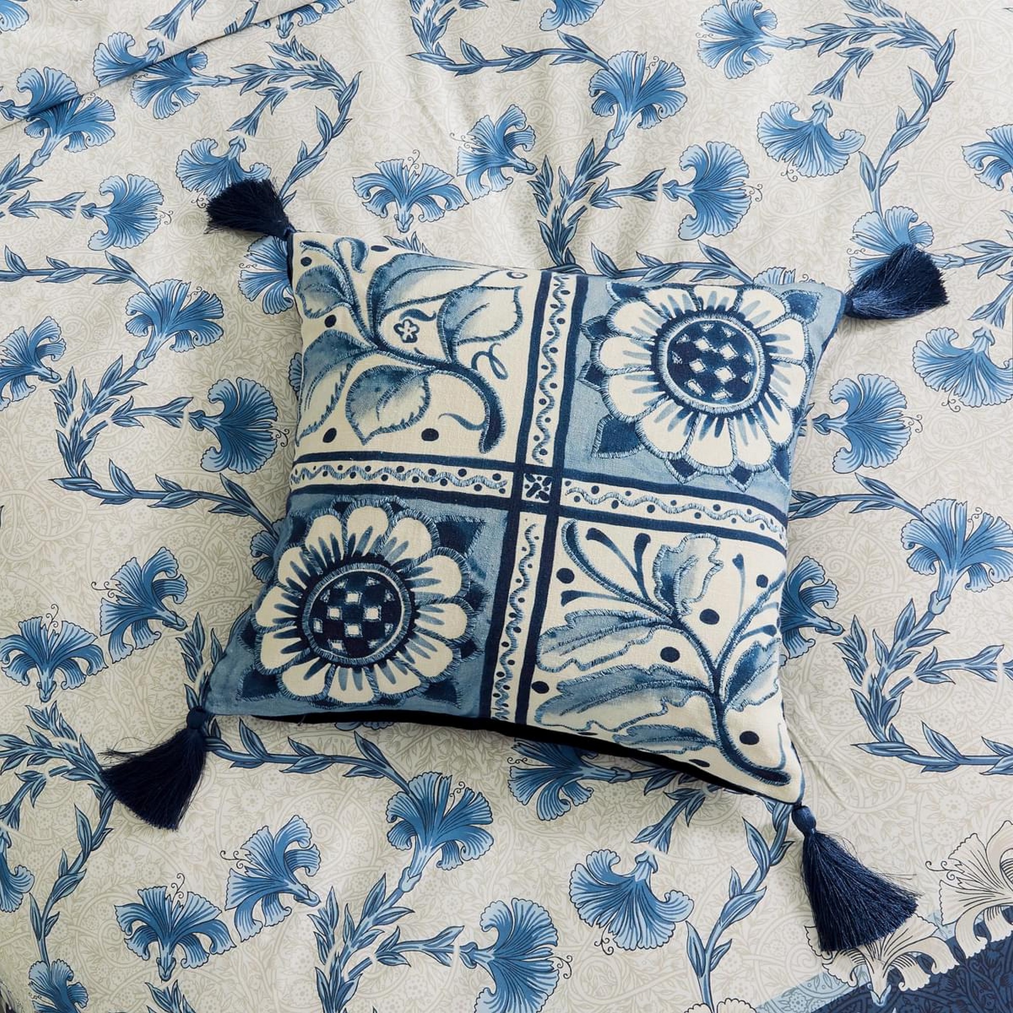 Scrolling Carnation Cushion By Morris Co X Va In Indigo Ivory White